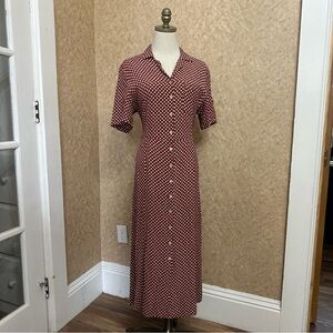 VTG 90s Red & White Cottagecore Ditsy Floral Button Up Collared Maxi Dress